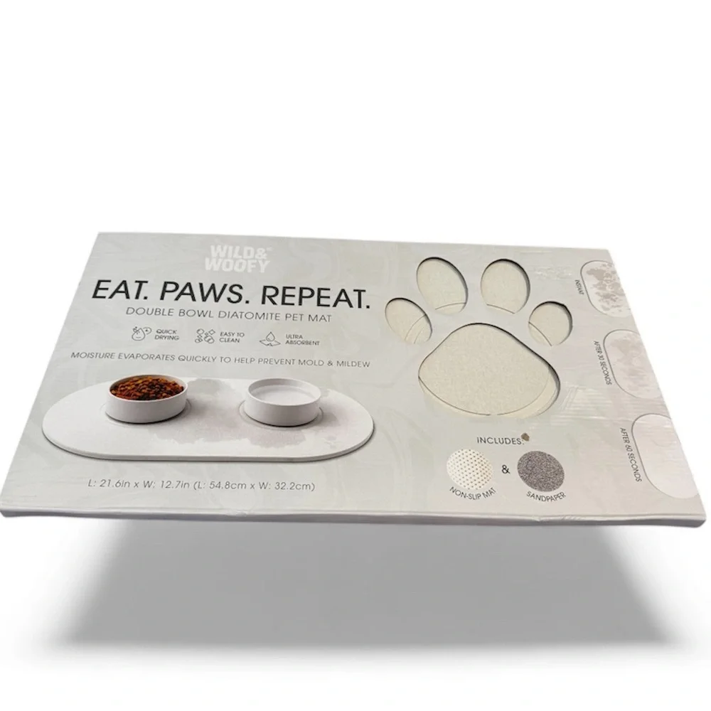 Wild & Woofy Double Bowl Diatomite Pet Stone Mat in off white/cream.